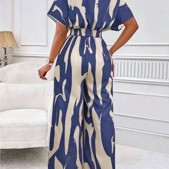 Stylish Blue and Cream Jumpsuit - Picture 2 of 4